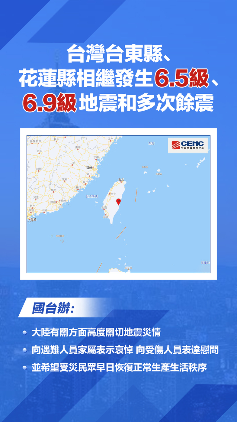 臺灣臺東縣、花蓮縣相機發生6.5級、6.9級地震和多次餘震